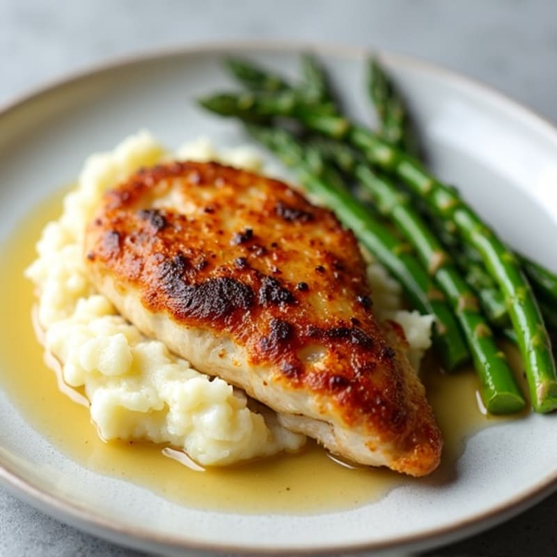 Crispy Pan-Seared Chicken with Creamy Garlic Mashed Potatoes and Roasted Asparagus