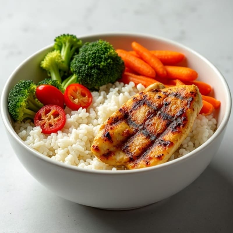 Steamed Rice Bowl with Crisp Roasted Vegetables and Lemon Garlic Grilled Chicken