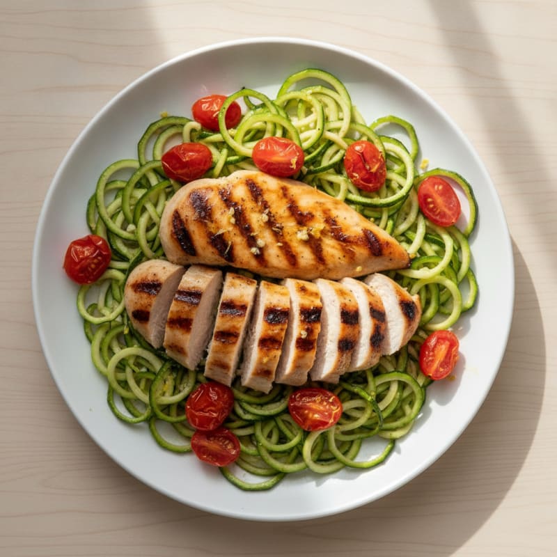 Grilled Chicken Breast with Zucchini Noodles and Cherry Tomatoes