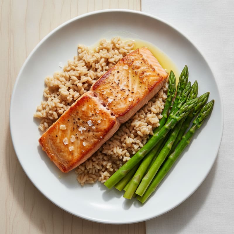 Seared Salmon with Steamed Asparagus and Brown Rice