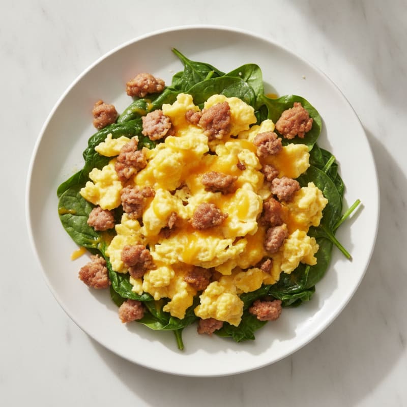 Cheesy Scrambled Eggs with Turkey Sausage and Sautéed Spinach