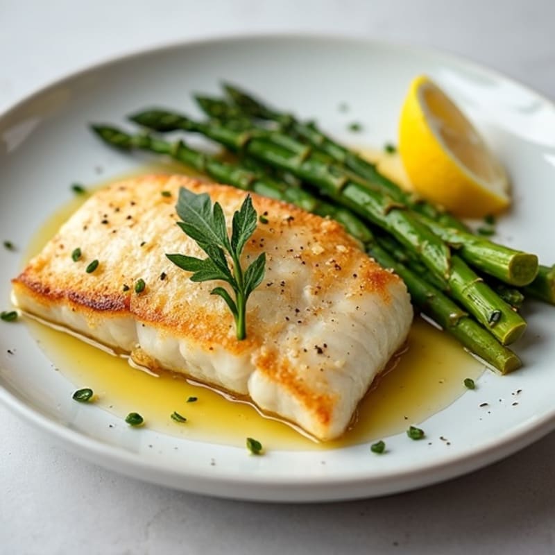 Seared Cod Fillet with Roasted Asparagus and Lemon