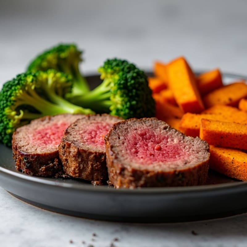 Pan-Seared Beef Tenderloin with Roasted Broccoli and Crispy Sweet Potato Fries