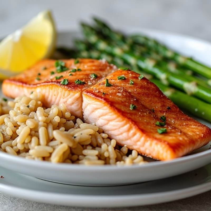 Seared Salmon with Steamed Asparagus and Brown Rice