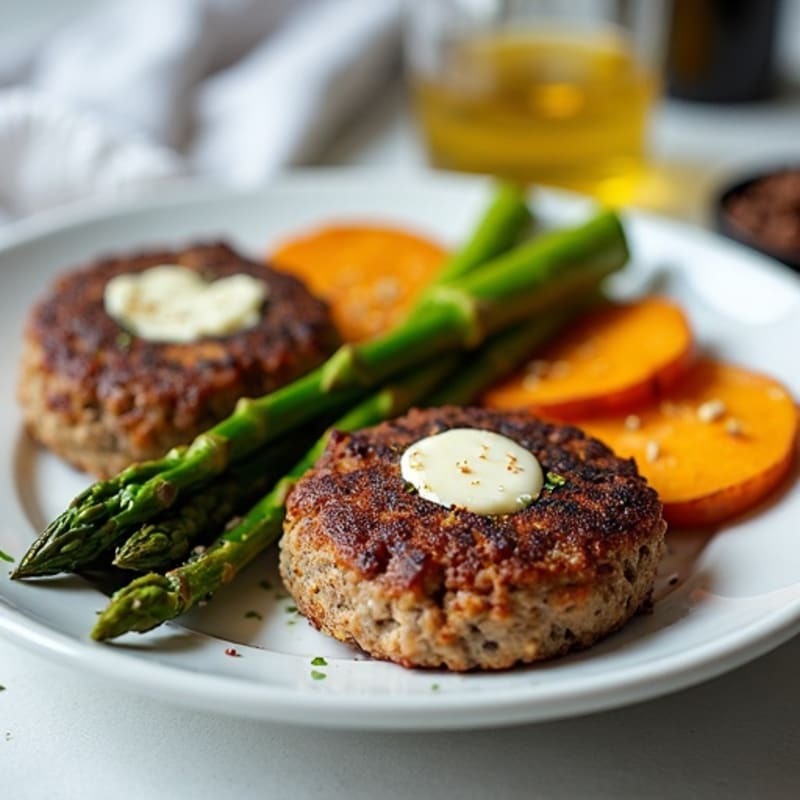 Lean Beef Blue Cheese Patties with Roasted Asparagus and Crispy Sweet Potato