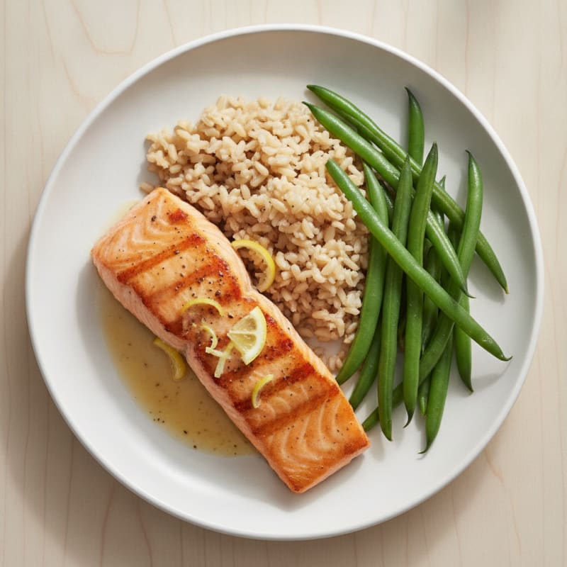 Seared Salmon with Steamed Green Beans and Brown Rice