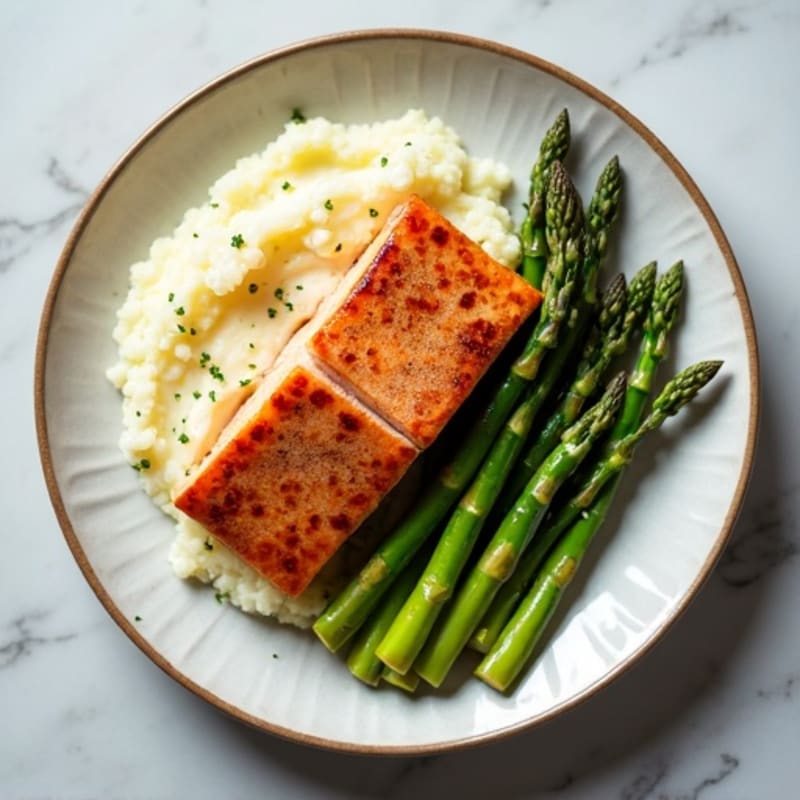 Seared Salmon Fillet with Roasted Asparagus and Cauliflower Mash