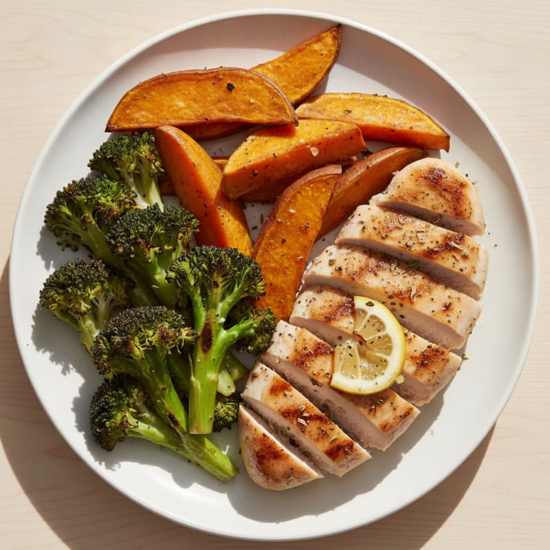 Grilled Chicken Breast with Roasted Sweet Potato and Broccoli