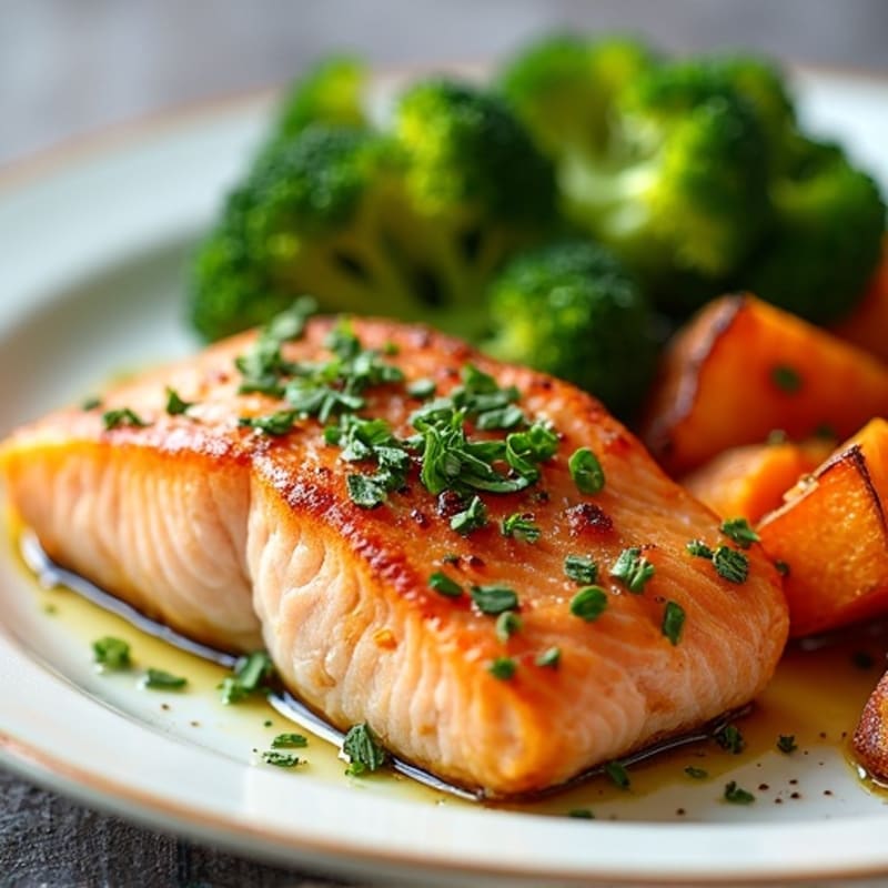 Herb-Roasted Salmon with Crispy Sweet Potato and Steamed Broccoli