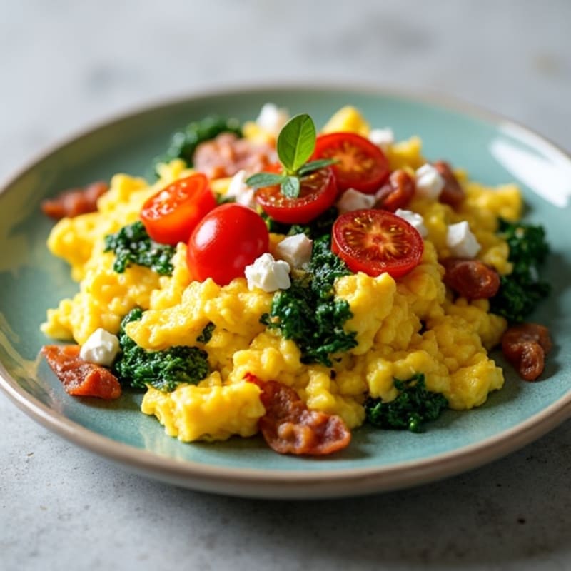 Protein-Packed Scrambled Eggs with Sautéed Spinach and Cherry Tomatoes
