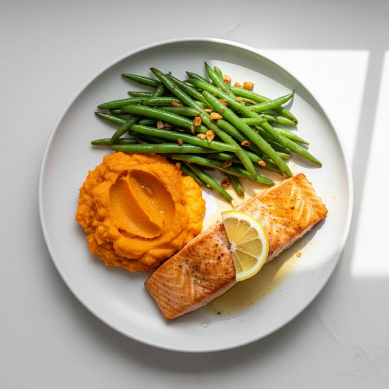 Baked Salmon with Garlic Green Beans and Sweet Potato Mash