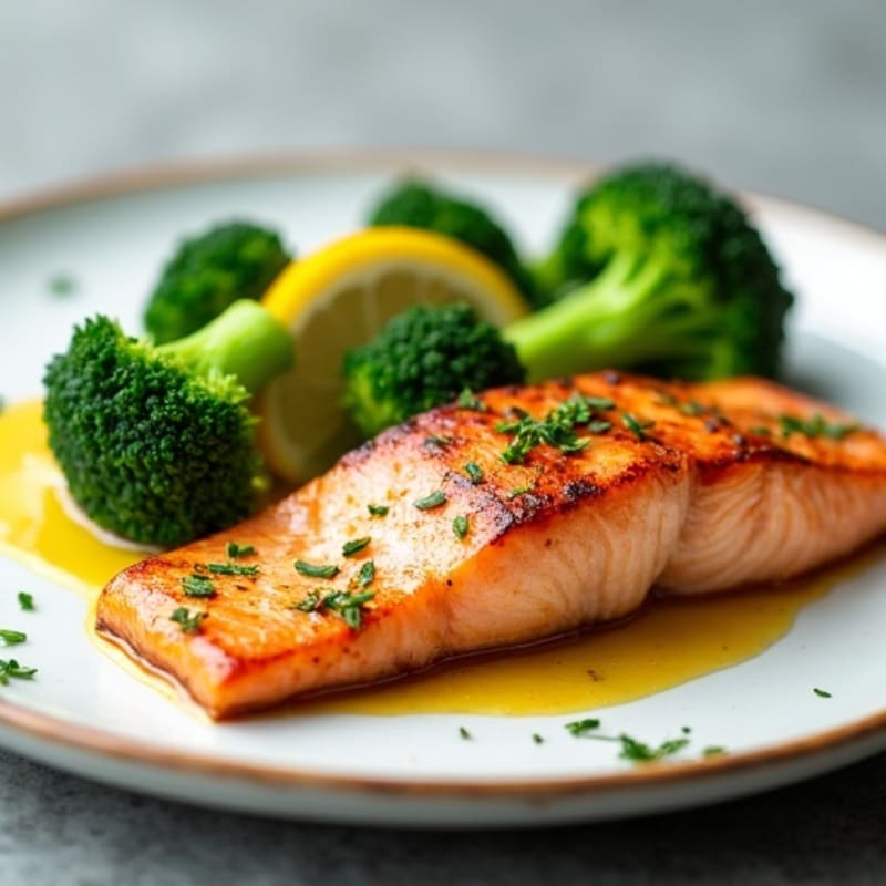 Seared Salmon Fillet with Steamed Broccoli and Lemon