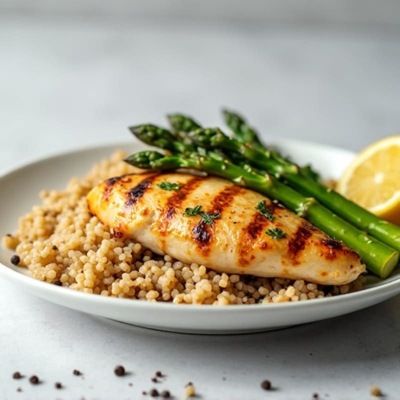 Lemon Herb Grilled Chicken with Crispy Roasted Asparagus and Fluffy Brown Rice