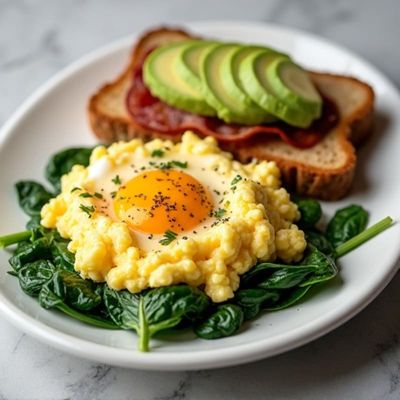Cottage Cheese Egg Scramble with Spinach and Turkey Bacon