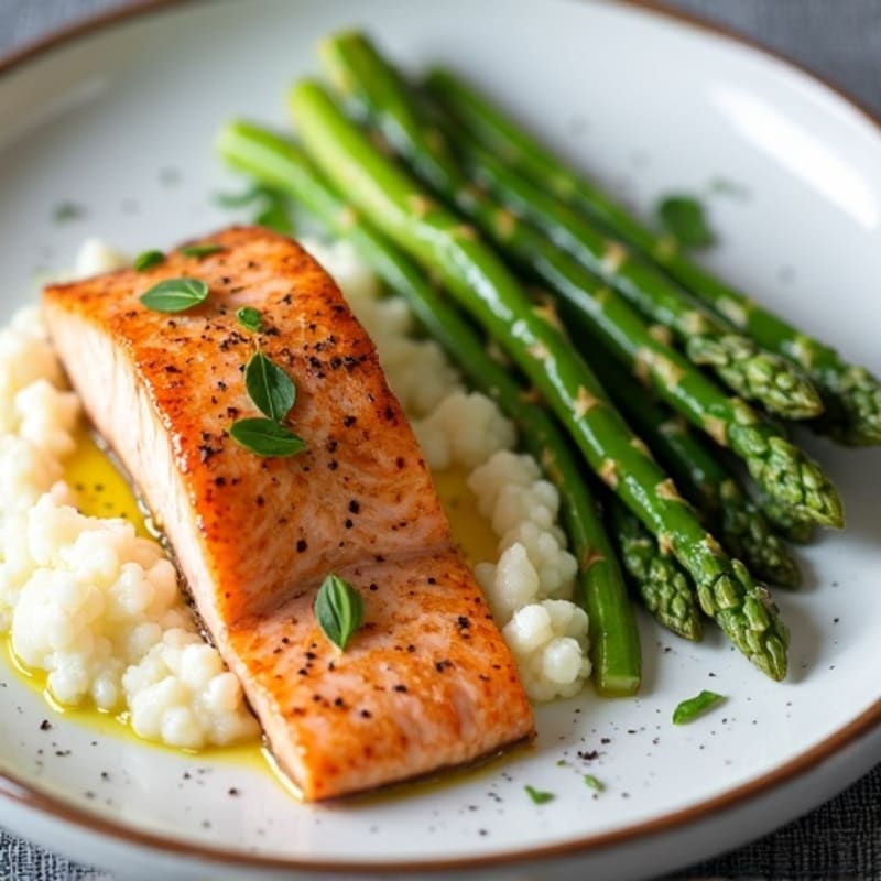 Seared Salmon with Steamed Asparagus and Cauliflower Mash