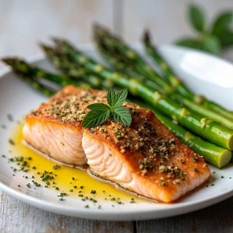 Herb-Crusted Pan Seared Salmon with Roasted Asparagus