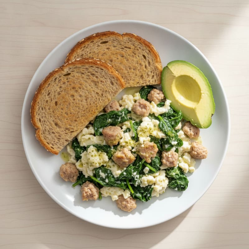 Egg White and Turkey Sausage Scramble with Sautéed Spinach