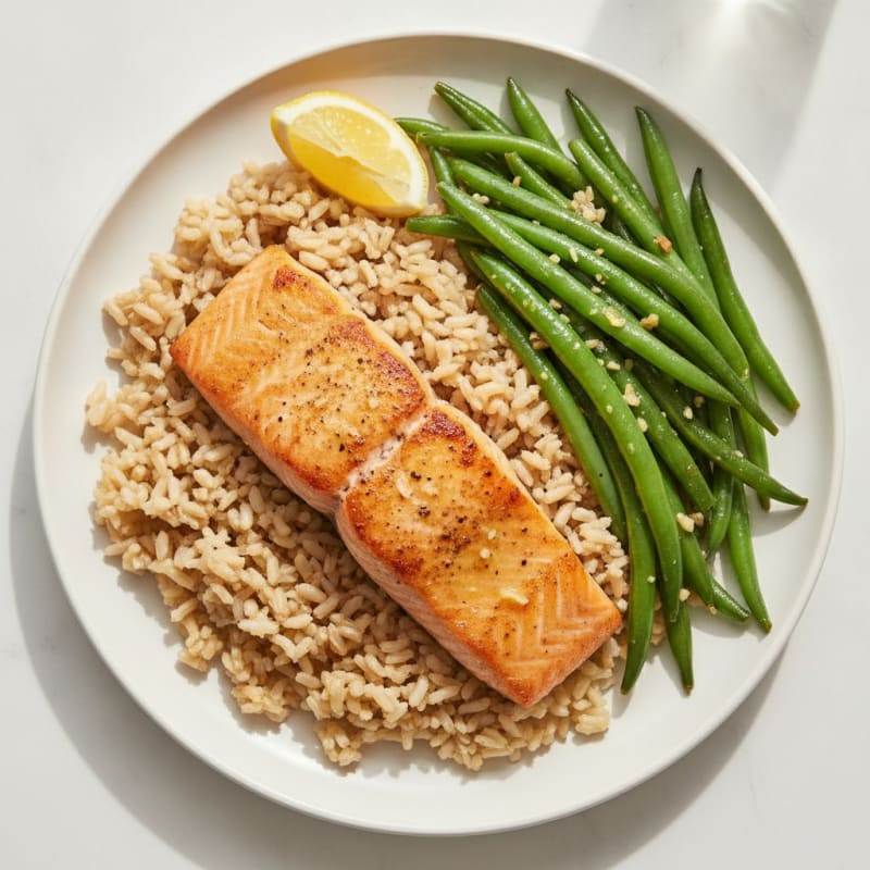 Seared Salmon Filet with Brown Rice and Garlic Green Beans