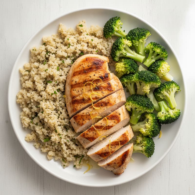 Grilled Lemon Pepper Chicken Breast with Quinoa and Steamed Broccoli