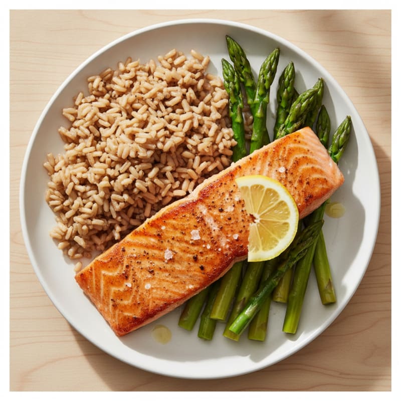 Seared Salmon with Steamed Asparagus and Brown Rice