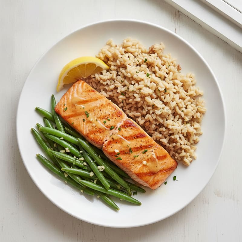 Seared Salmon Fillet with Garlic Green Beans and Brown Rice