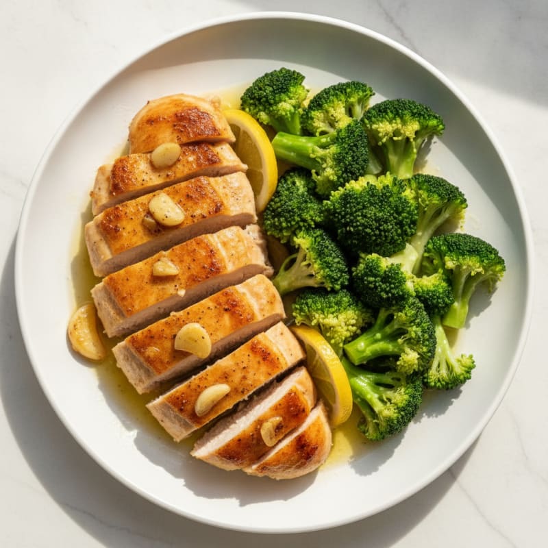 Lemon Garlic Pan Seared Chicken with Steamed Broccoli