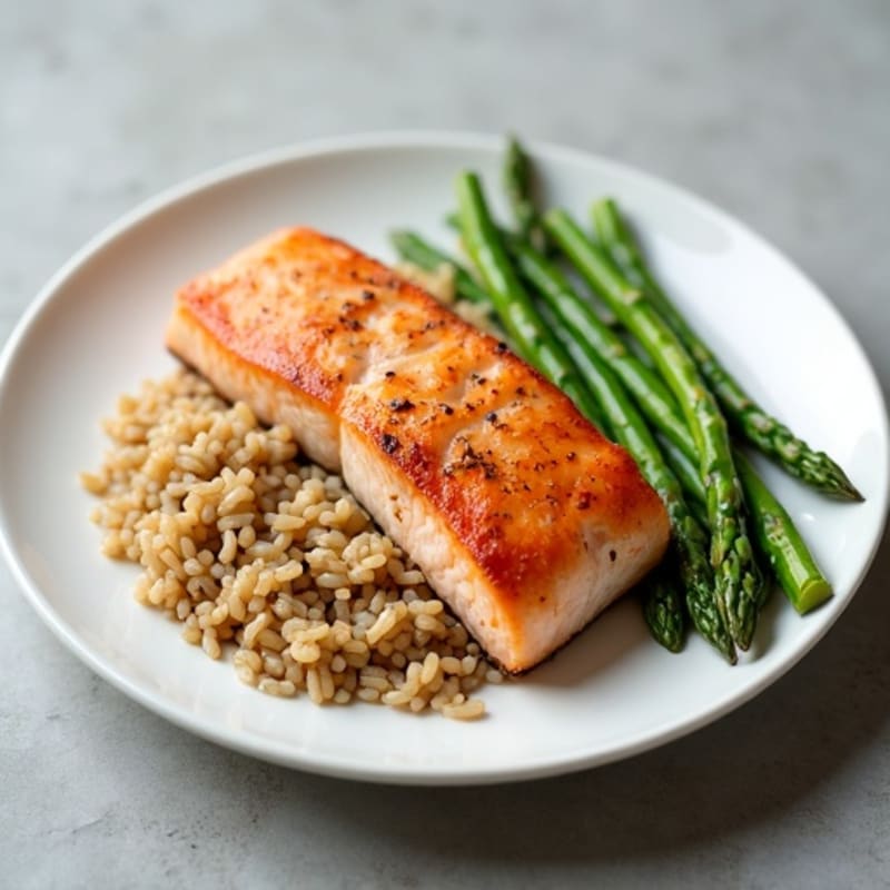 Seared Salmon with Steamed Asparagus and Brown Rice