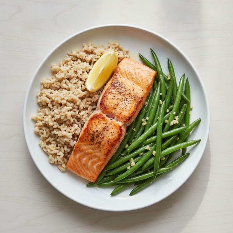 Seared Salmon with Garlic Green Beans and Brown Rice