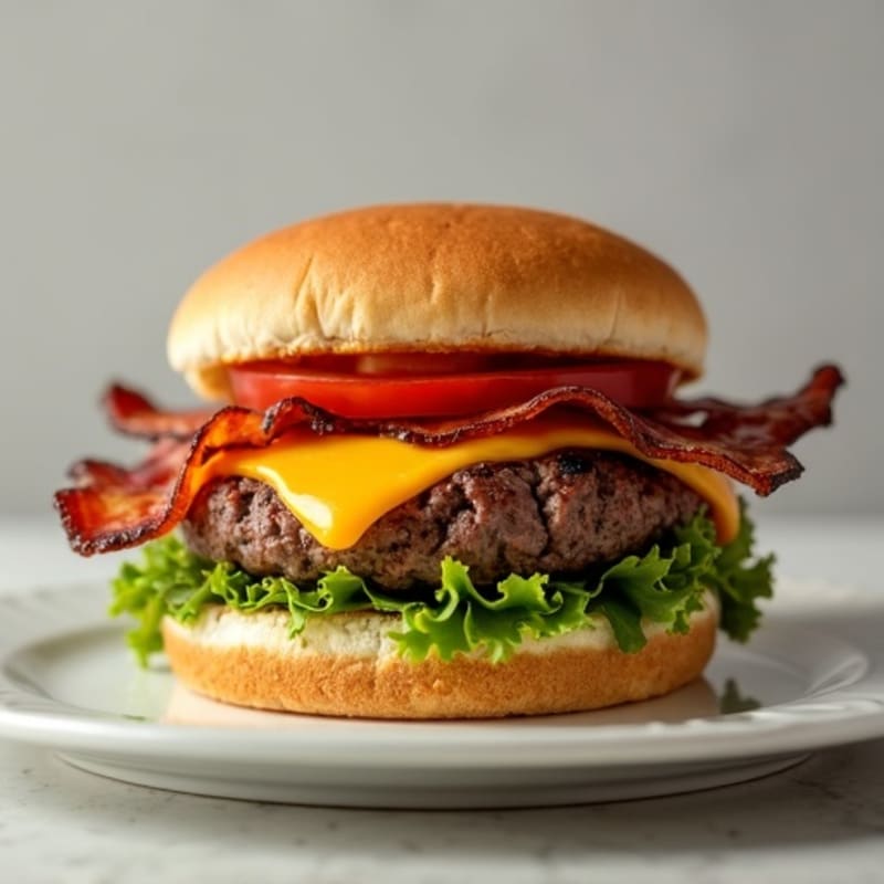 Lean Beef Burger with Crispy Bacon and Melted Cheddar