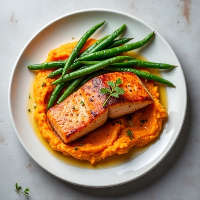 Seared Salmon with Garlic Green Beans and Sweet Potato Mash