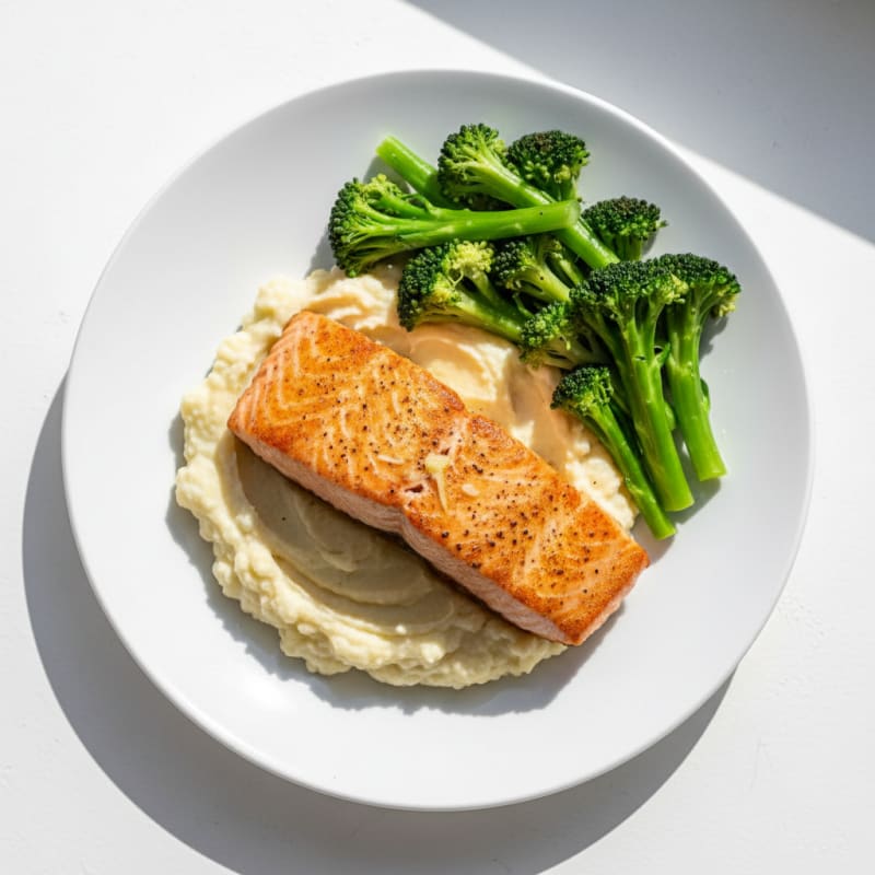 Seared Salmon with Creamy Garlic Mashed Cauliflower and Steamed Broccoli