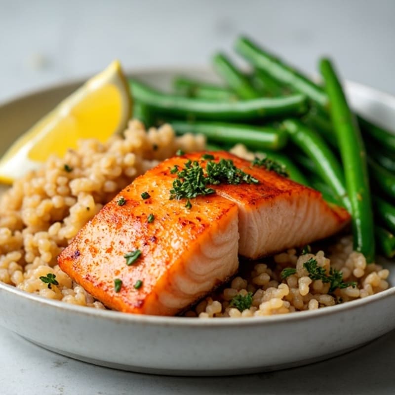 Seared Salmon with Garlic Green Beans and Brown Rice