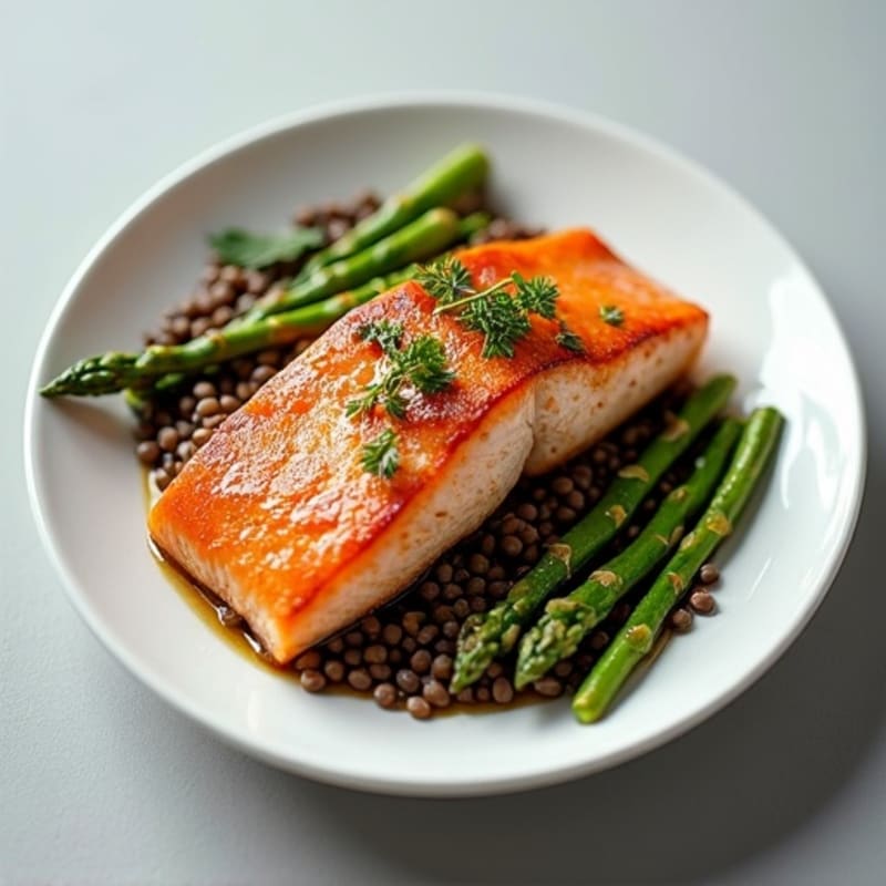 Seared Salmon Filet with Steamed Asparagus and Lentils