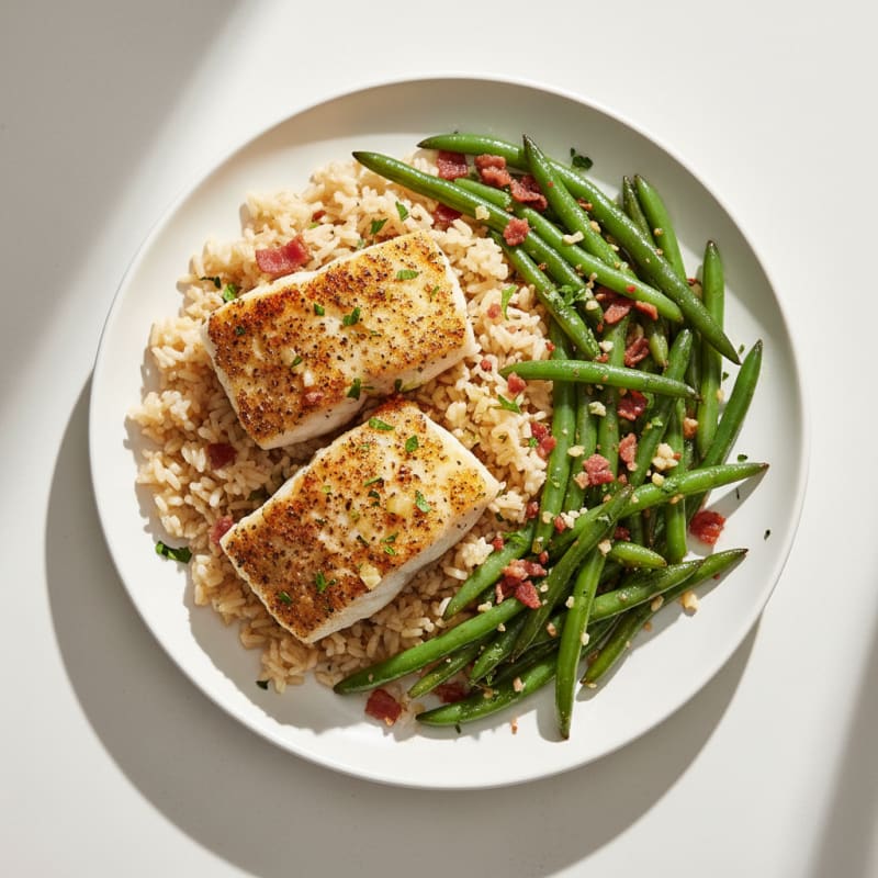 Herb-Seared White Fish with Garlic Green Beans and Brown Rice