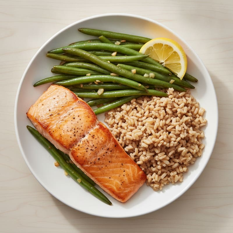 Seared Salmon with Garlic Green Beans and Brown Rice