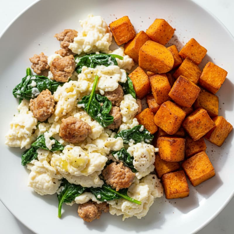 Egg White and Turkey Sausage Scramble with Spinach and Roasted Sweet Potato