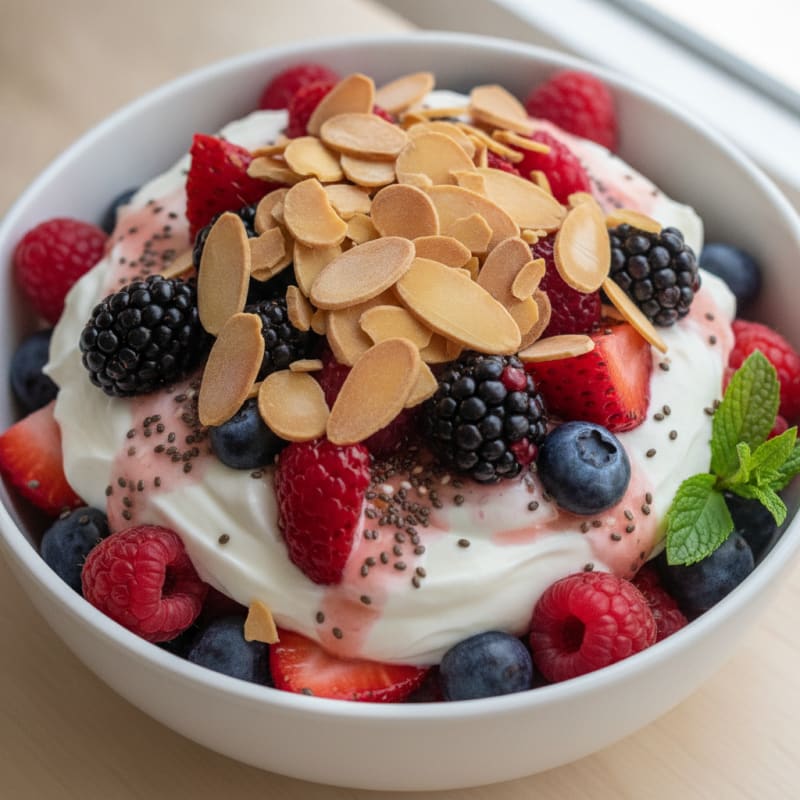 Greek Yogurt Protein Parfait with Mixed Berries and Almonds