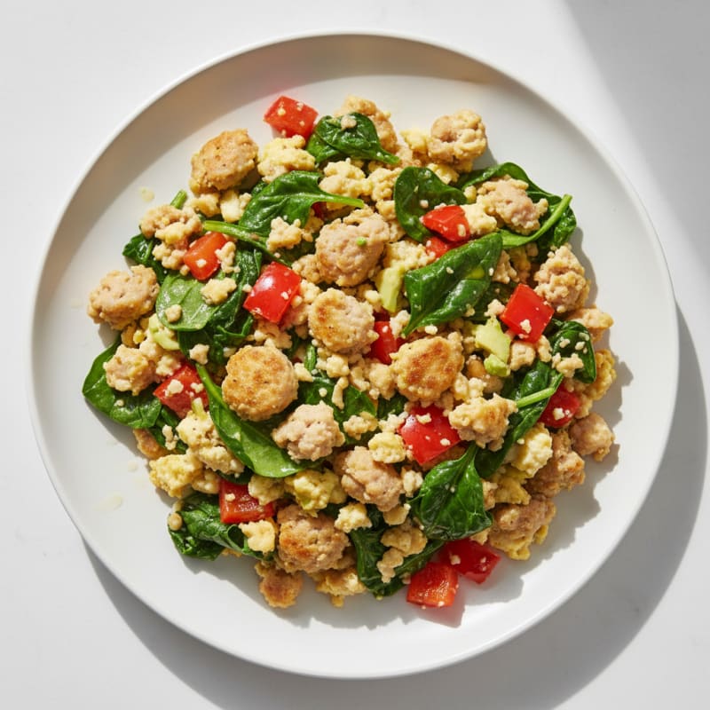 Egg White and Turkey Sausage Scramble with Spinach and Bell Peppers
