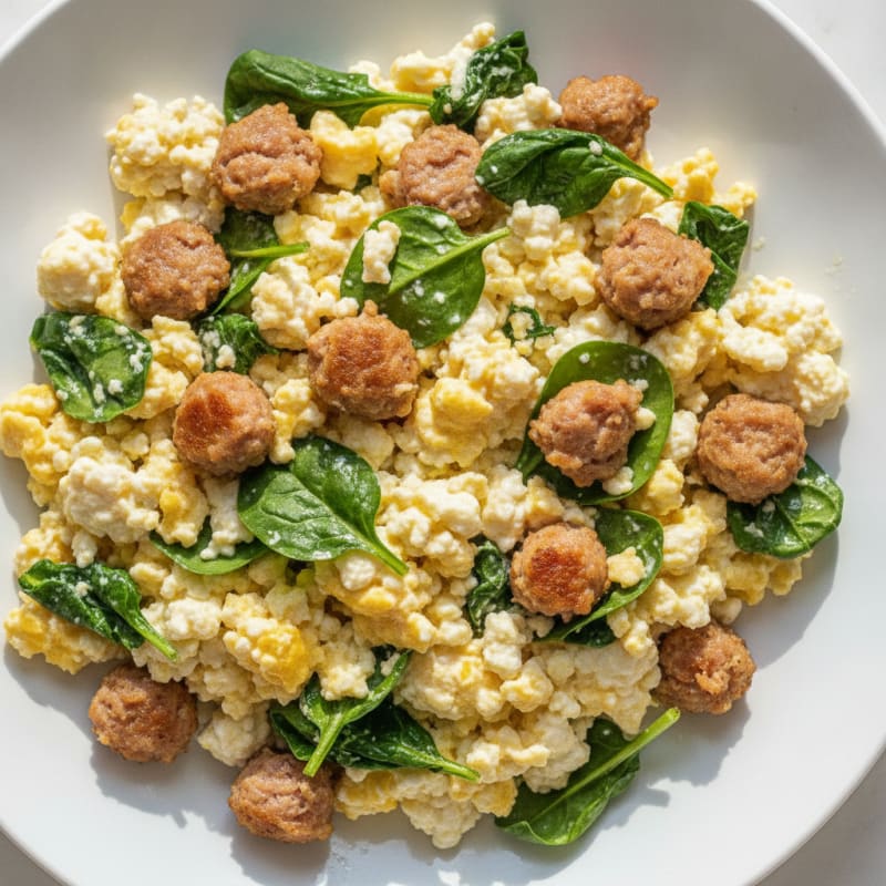 Cottage Cheese Scramble with Turkey Sausage and Spinach