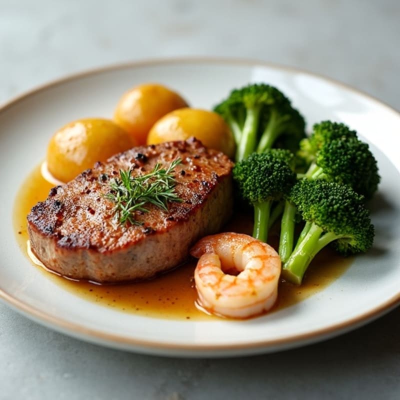 Seared Steak with Garlic Sautéed Broccoli, Baby Potatoes, and Shrimp