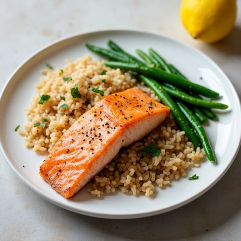 Seared Salmon Fillet with Steamed Green Beans and Brown Rice