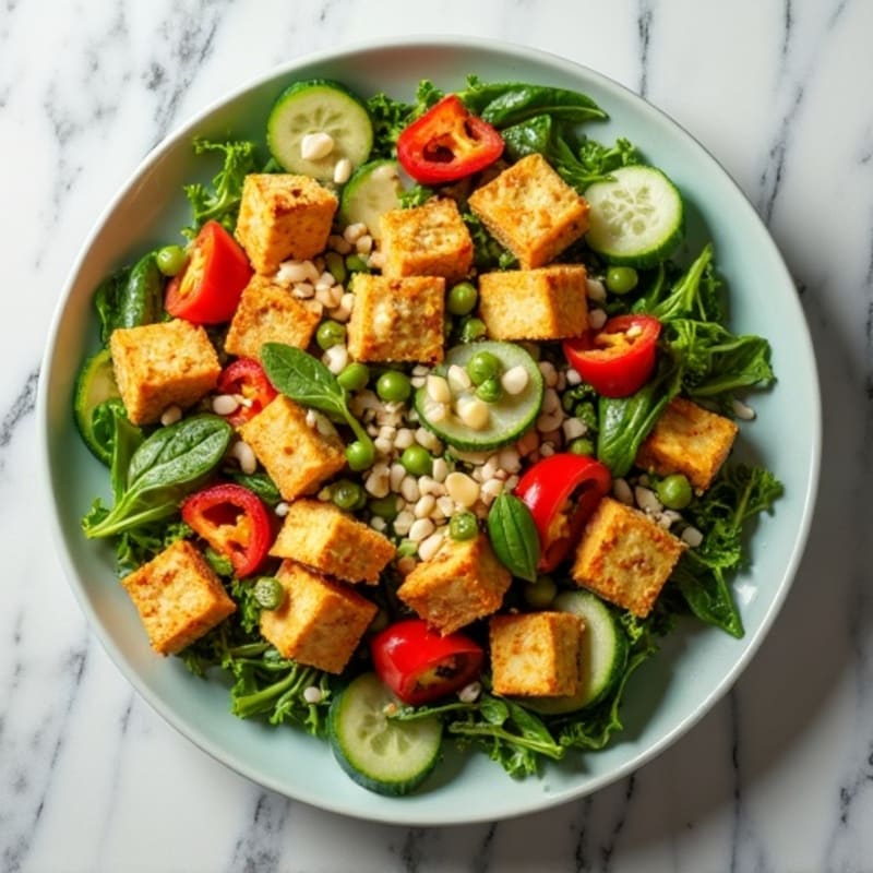 Crispy Tofu and Edamame Power Salad with Lemon Tahini Dressing