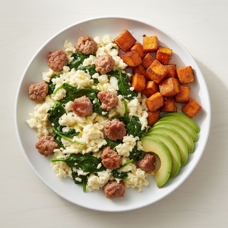 Egg White Scramble with Turkey Sausage and Sautéed Spinach