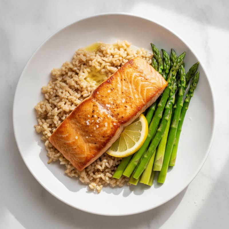 Seared Salmon with Steamed Asparagus and Brown Rice