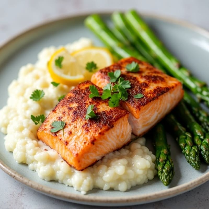 Seared Salmon with Steamed Asparagus and Cauliflower Mash