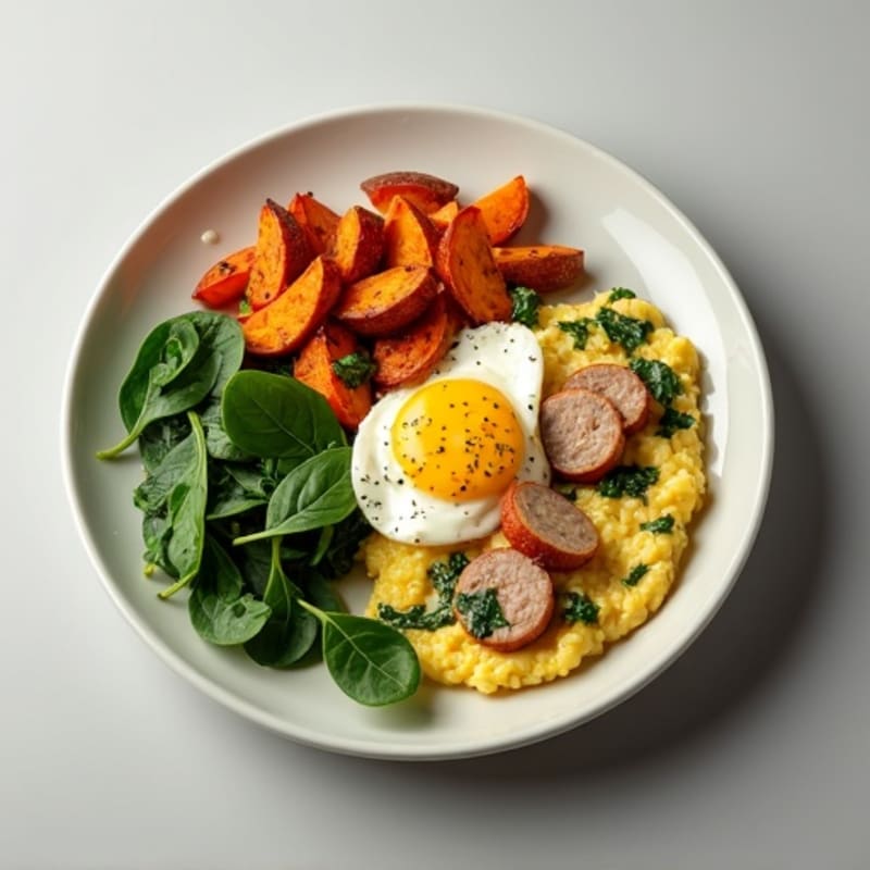 Egg White and Turkey Sausage Scramble with Spinach and Roasted Sweet Potatoes