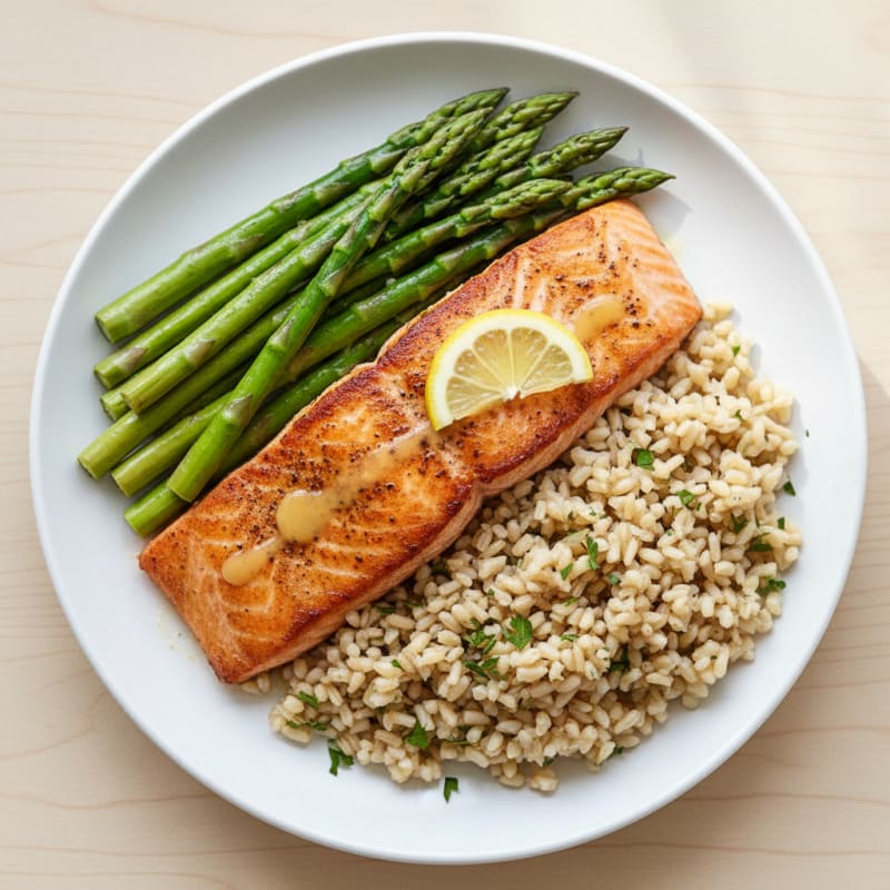 Seared Salmon Fillet with Steamed Asparagus and Herbed Brown Rice