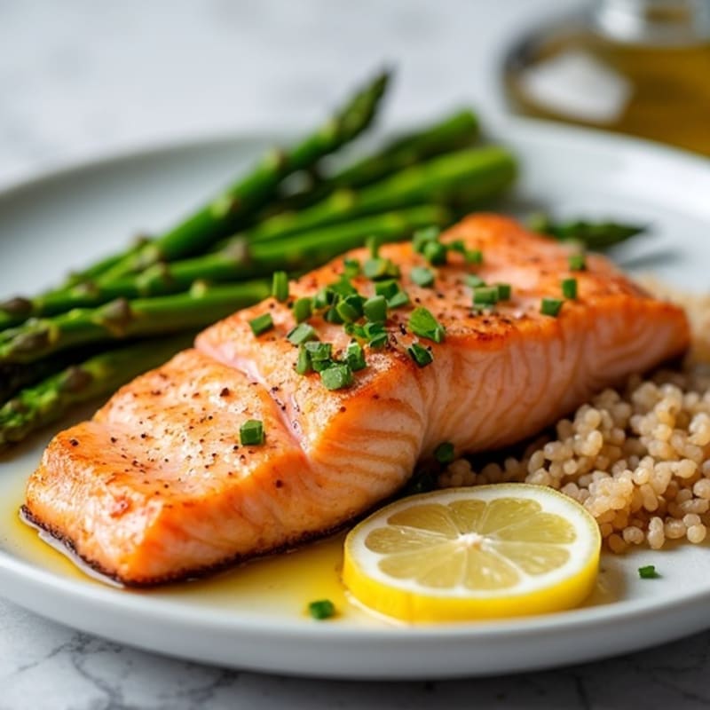 Seared Salmon with Steamed Asparagus and Brown Rice