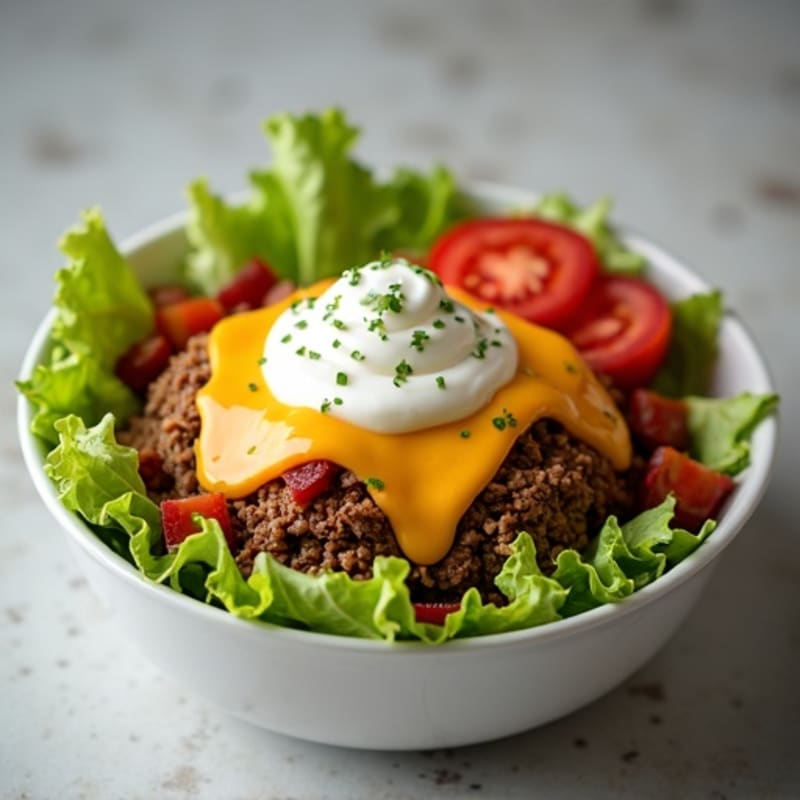 Lean Beef Burger Bowls with Crispy Turkey Bacon and Creamy Cheese Sauce