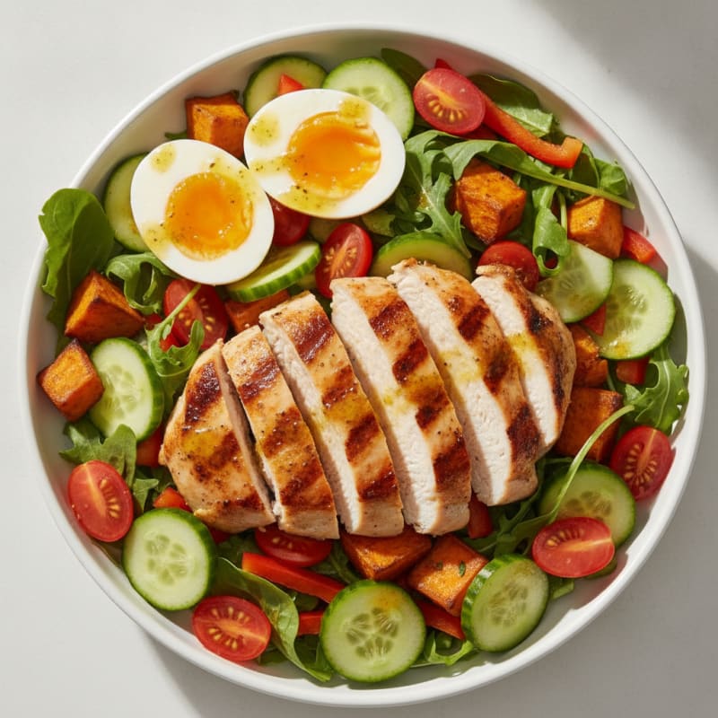 Grilled Chicken Thigh Salad with Tomatoes and Cucumbers